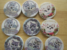 Load image into Gallery viewer, 11 Cat in a basket or amongst flowers 20mm buttons white back 2 holes