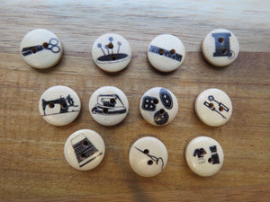 10 x Sewing theme wood buttons- random mix of 10 buttons 15mm diameter