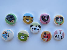 Load image into Gallery viewer, 10 Mixed print animal buttons 15mm diameter- seal, hedgehog, fish- Random 10
