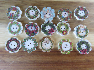 10 Christmas Wreath Print buttons Flower shape edge 18mm