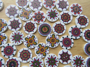 50 Red Green Mustard Retro Vintage print with white background 25mm buttons