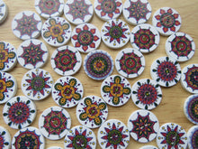 Load image into Gallery viewer, 10 Red Green Mustard Retro Vintage print with white background 25mm buttons