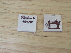 10 Sewing Machine and Handmade with Heart on reverse cotton flag labels 2 x 2cm