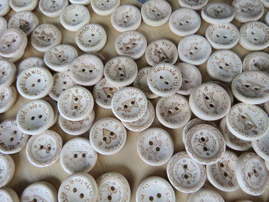 25 Mixed Print 20mm Hand made with Love buttons- scissors, sewing machine, heart