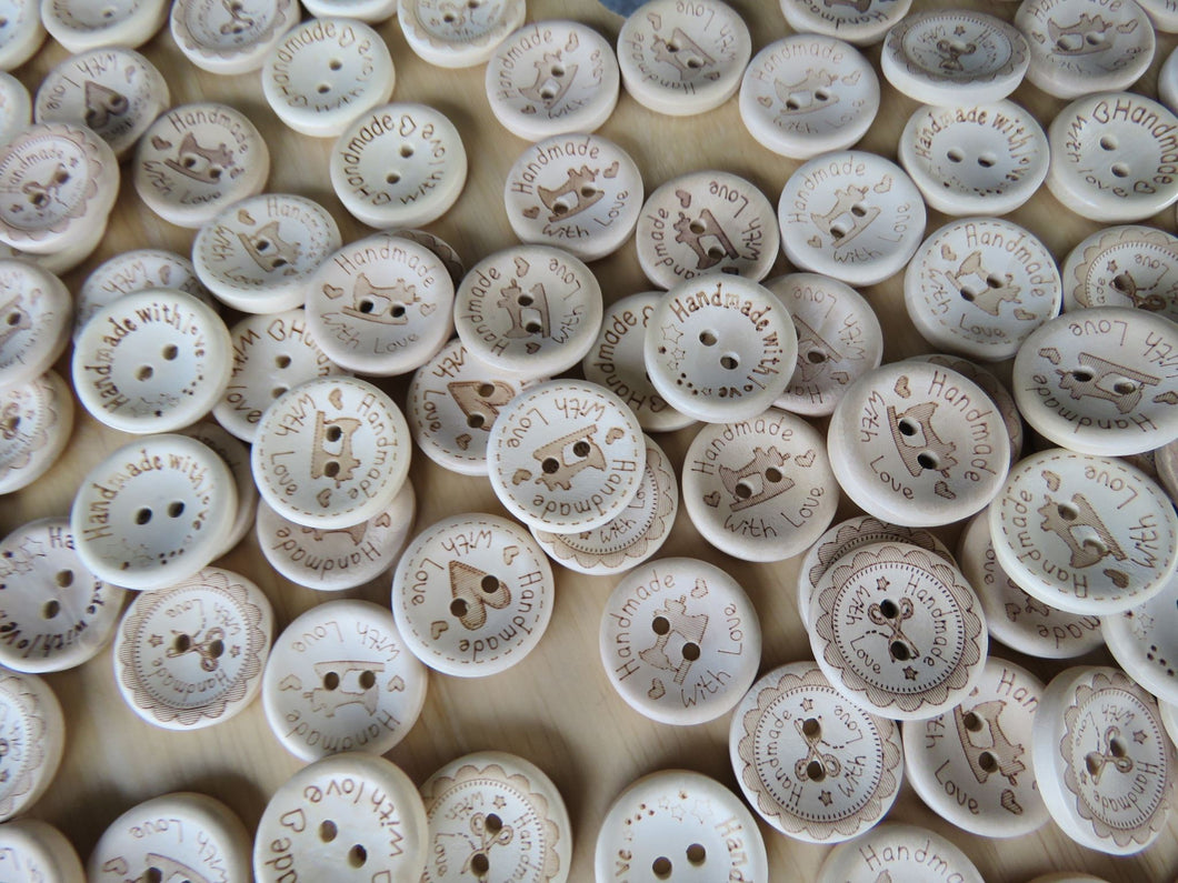 25 Mixed Print 20mm Hand made with Love buttons- scissors, sewing machine, heart