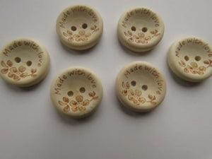 10 Made with Love and Flowers wood look buttons 20mm
