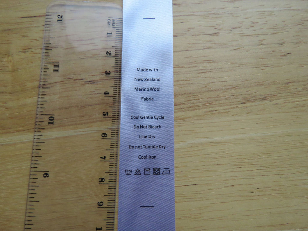 10, 20 or 50 White Satin washing instructions/ Made with New Zealand Merino wool labels