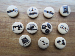 10 x Sewing theme wood buttons- random mix of 10 buttons 15mm diameter