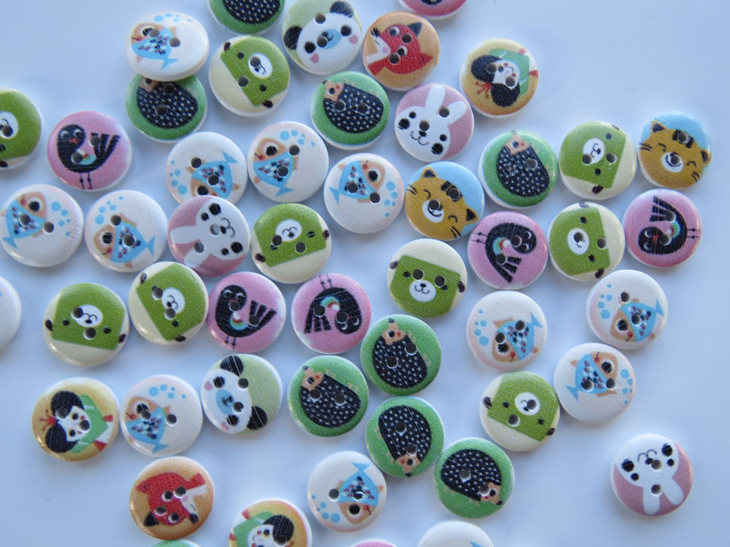 50 Mixed print animal buttons 15mm diameter- seal, hedgehog, fish- Random  mix