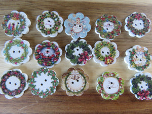 10 Christmas Wreath Print buttons Flower shape edge 18mm