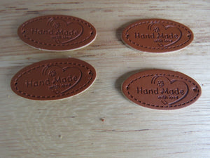 10 Oval Shape Hand Made with Love & flower and heart PU Leather Labels 30x 10mm