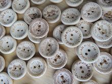 Load image into Gallery viewer, 25 Mixed Print 20mm Hand made with Love buttons- scissors, sewing machine, heart
