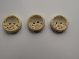 10 Made with Love and Flowers wood look buttons 20mm