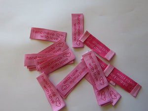 10 Pink Hand made with Love and Double Heart Labels 45x 15mm approx.
