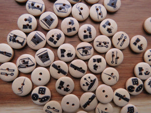 10 x Sewing theme wood buttons- random mix of 10 buttons 15mm diameter