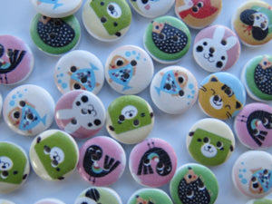 50 Mixed print animal buttons 15mm diameter- seal, hedgehog, fish- Random  mix