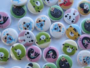 50 Mixed print animal buttons 15mm diameter- seal, hedgehog, fish- Random  mix