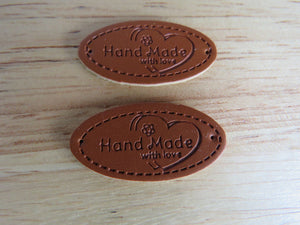 10 Oval Shape Hand Made with Love & flower and heart PU Leather Labels 30x 10mm
