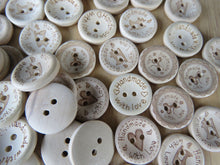 Load image into Gallery viewer, 25 Mixed Print 20mm Hand made with Love buttons- scissors, sewing machine, heart