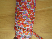 Load image into Gallery viewer, 5m Purple Orange Retro Flower Print 15mm wide fold over elastic
