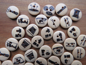 10 x Sewing theme wood buttons- random mix of 10 buttons 15mm diameter