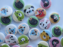 Load image into Gallery viewer, 10 Mixed print animal buttons 15mm diameter- seal, hedgehog, fish- Random 10