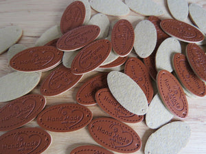 10 Oval Shape Hand Made with Love & flower and heart PU Leather Labels 30x 10mm