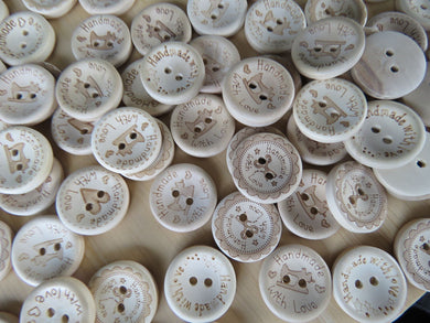 50 Mixed Print 20mm Hand made with Love buttons- scissors, sewing machine, heart