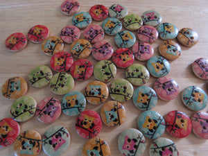 10 Owl on branch with spiral & brown wood look backing Mixed print buttons 15mm