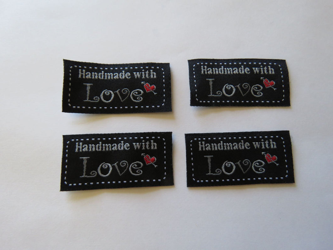 9 Black Handmade with Love Labels 23mm high x 45mm wide approx.