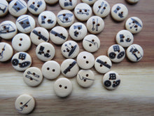 Load image into Gallery viewer, 10 x Sewing theme wood buttons- random mix of 10 buttons 15mm diameter