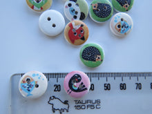 Load image into Gallery viewer, 10 Mixed print animal buttons 15mm diameter- seal, hedgehog, fish- Random 10