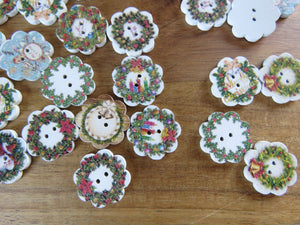 10 Christmas Wreath Print buttons Flower shape edge 18mm