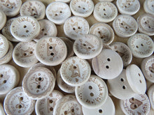 Load image into Gallery viewer, 25 Mixed Print 20mm Hand made with Love buttons- scissors, sewing machine, heart