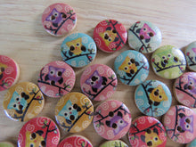 Load image into Gallery viewer, 10 Owl on branch with spiral &amp; brown wood look backing Mixed print buttons 15mm