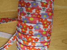 Load image into Gallery viewer, 5m Purple Orange Retro Flower Print 15mm wide fold over elastic