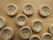 Load image into Gallery viewer, 10 Made with Love and Flowers wood look buttons 20mm