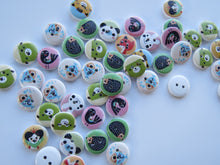 Load image into Gallery viewer, 50 Mixed print animal buttons 15mm diameter- seal, hedgehog, fish- Random  mix