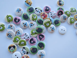 50 Mixed print animal buttons 15mm diameter- seal, hedgehog, fish- Random  mix