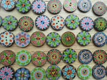 Load image into Gallery viewer, 11 Mixed Pattern Retro Floral print 25mm wooden buttons- random mix