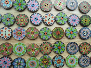 11 Mixed Pattern Retro Floral print 25mm wooden buttons- random mix