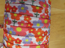 Load image into Gallery viewer, 5m Purple Orange Retro Flower Print 15mm wide fold over elastic