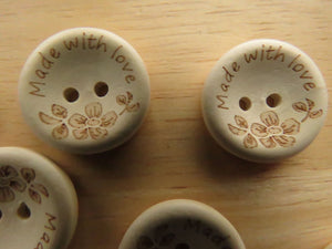 10 Made with Love and Flowers wood look buttons 20mm