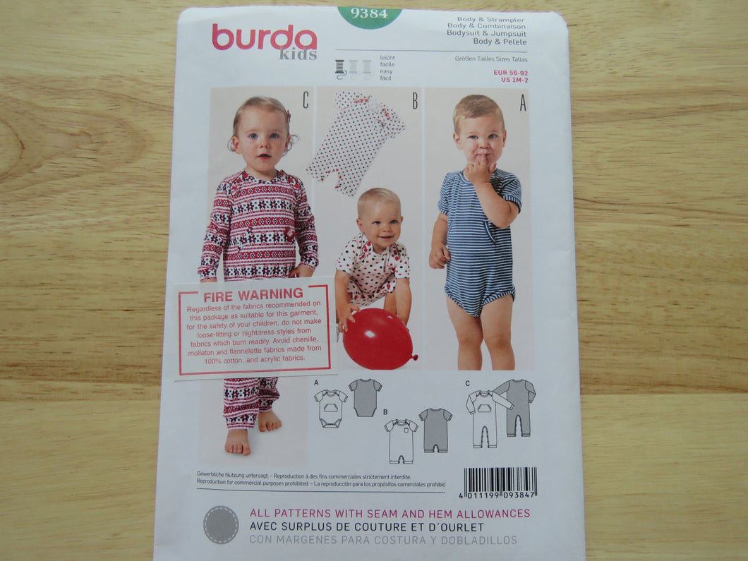 Burda 9384 Baby Toddler Sleepsuit Bodysuit Jumpsuit Onesie use our merino fabric