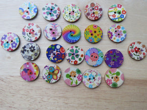 10 x 25mm Mixed Bright Floral Mixed Print Wood Buttons- random set of 10 prints