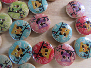 10 Owl on branch with spiral & brown wood look backing Mixed print buttons 15mm