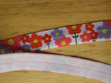 Load image into Gallery viewer, 1m Purple Orange Retro Flower Print 15mm wide fold over elastic