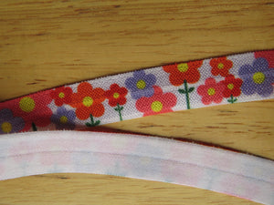 1m Purple Orange Retro Flower Print 15mm wide fold over elastic