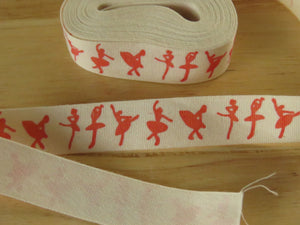 5 yards/ 4.6m Red ballet dancers printed on Cream 100% cotton tape