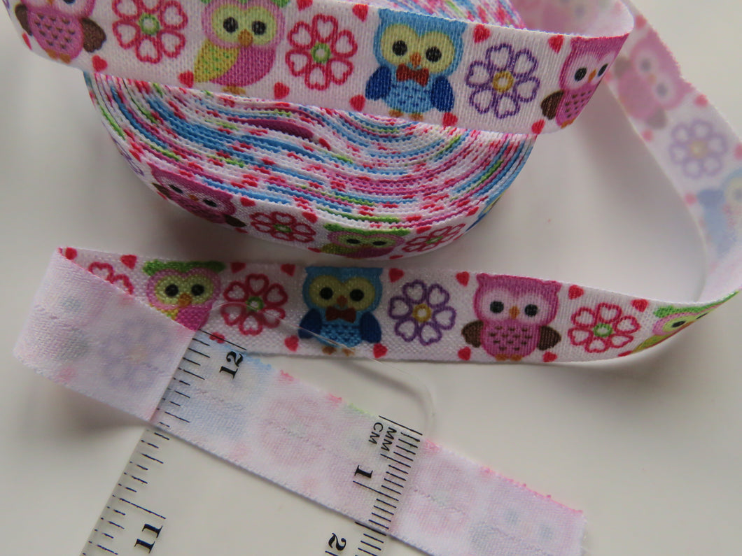 4.7m Mixed Colour Single Owl and Flower Print Fold Over Elastic FOE Foldover15mm